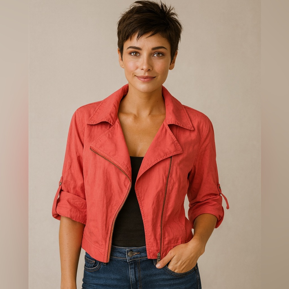 CAbi Coral Cropped Zip Jacket | Roll Tab Sleeves | Size Large | #913